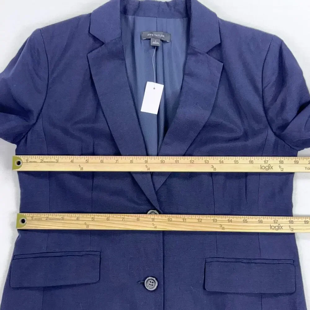 Ann Taylor Classic Linen Blend Blazer Jacket Women's 6 Navy Blue